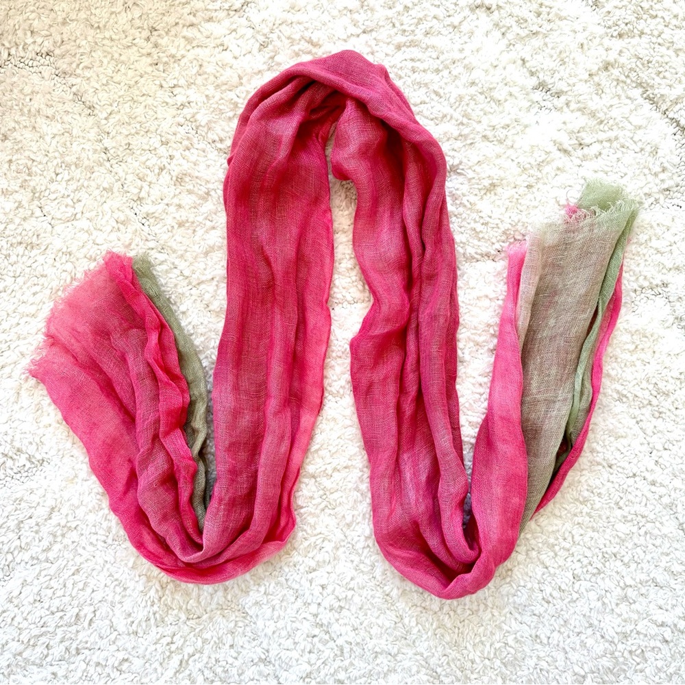 Kala 100% Linen Pink and Green Scarf, One Size
